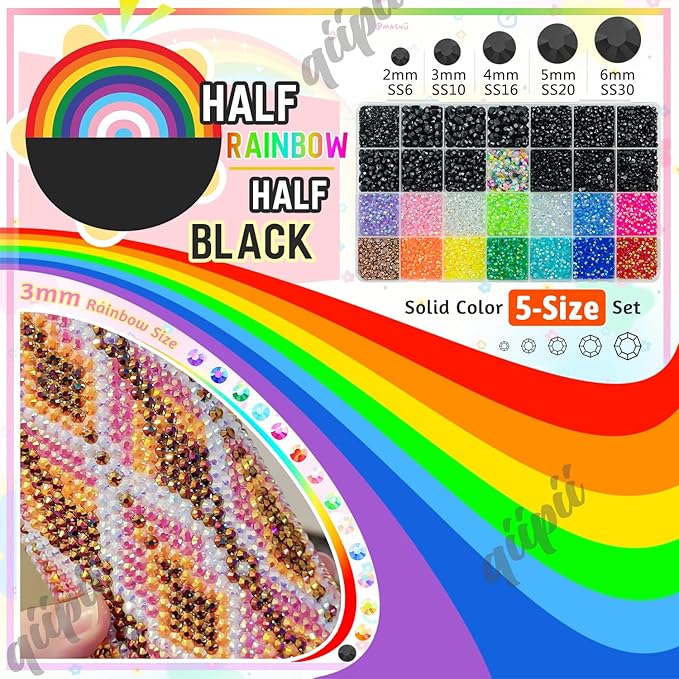 Pure Black Resin Rhinestones w B7000 Glue for Crafting Bedazzling 2mm-6mm Flatback Colorful Jelly Stones Diamonds Gems Bedazzler Kit for Nails Face Eyes Makeup Tumblers Bottles Shoes DIY Crafts