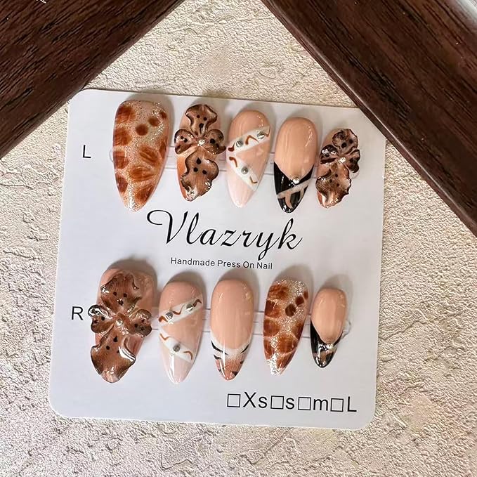 3D Handmade Press On Nails,Brown French Tip Medium Almond Fake Nails with Rhinestone Flowers, Reusable Luxury Winter Nail Art, Salon-Quality Acrylic Nails for Women