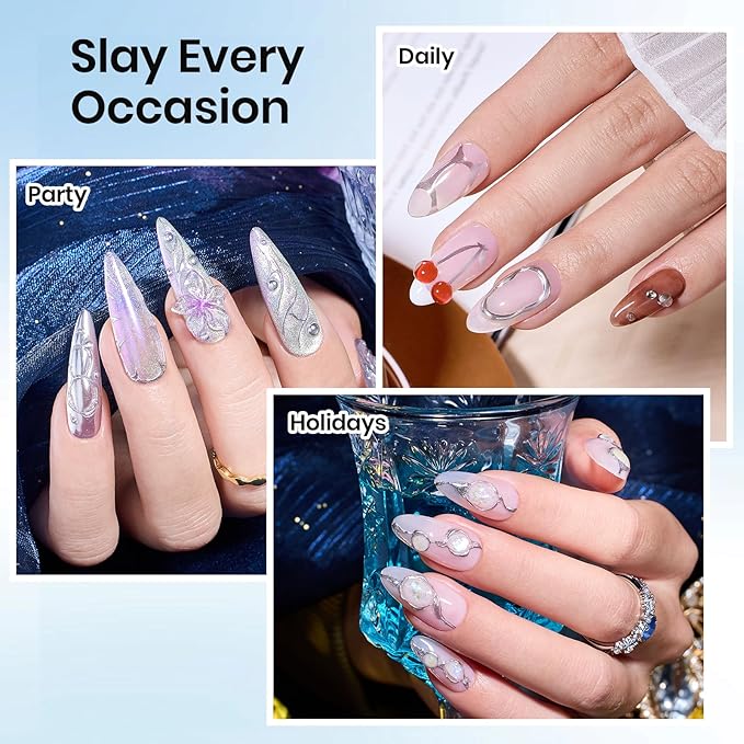 Beetles 3D Gel Nail Art, Sculpting Gel 3 in 1 Clear No Wipe Nail Polish Rhinestone Art Glue Gel for Drawing, Molding, Gems and Decoration with Silver Chrome Nail Powder for DIY Nail Designs, 15g