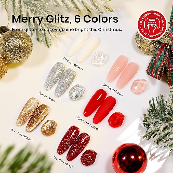 Beetles 27Pcs Gel Nail Polish Kit with U V Light -6 Colors Valentine Gel Nail Polish Set Red Jelly Cat Eye Glitter Gold Merry Glitz Set Soak Off Home Salon DIY Manicure Set Gifts for Women Teen Girls