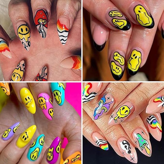 12 Sheets Abstract Smiling Face & Evil Eye Nail Art Stickers, Summer 3D Funny Dripping Melting Smile Self-Adhesive Designs Nail Decals