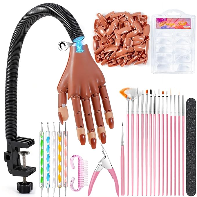 Rolybag Practice Hand for Acrylic Nails, Magnetic Nail Practice Hands, Mannequin Hand for Nails Kit for Beginners, Movable Flexible Fake Hand with 200PCS Nail Tips, Brush, File and Clipper