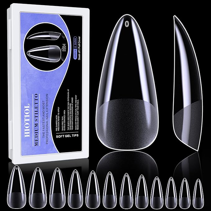 Medium Stiletto Nail Tips, 552Pcs Soft Gel Full Cover Nail Tips for Soak off Nail Extensions, Acrylic Gel Kit False Press on for Salons and DIY Art at Home, 12 Sizes