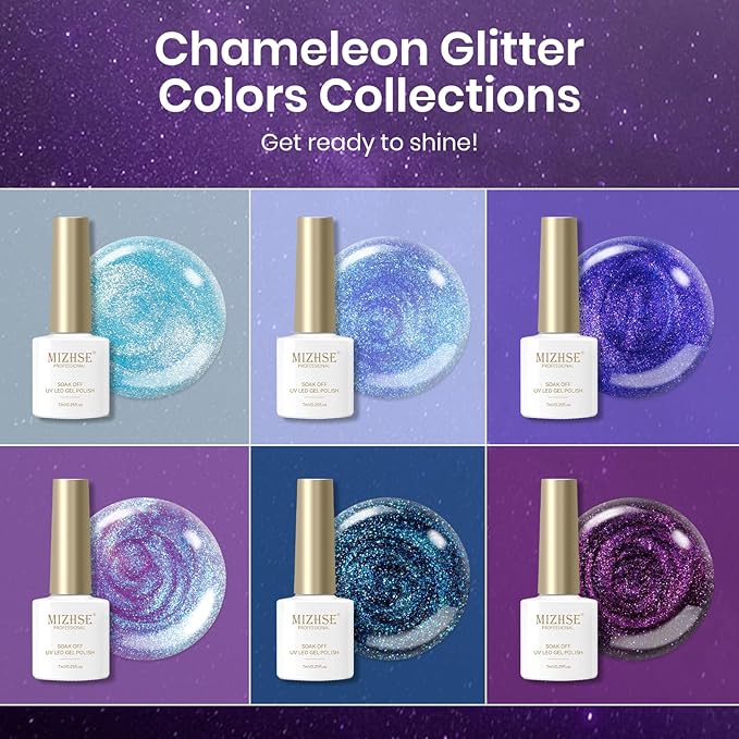 MIZHSE Chameleon Glitter Gel Nail Polish Set - 6 Colors Aurora Sparkle Glitter Gel Polish Kit Blue Purpke Holographic Shimmer U V LED Gel Polish for DIY Salon Home Manicure