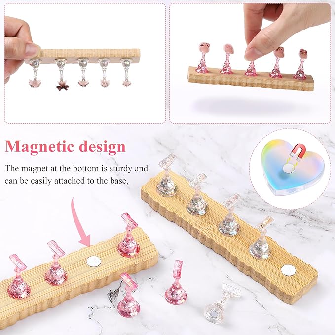 Etercycle 2 Set Wooden Nail Holder for Display Painting Nails - 1 Aurora Heart Shaped Acrylic Magnetic Practice Nail Stand - Fake Nail Holder for Press On Nails with Reusable Adhesive Putty