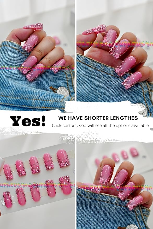 10PCS Hot Pink Rhinestone Press On Nails – Long Coffin Fake Nails with Full Crystal Borders, Glossy Reusable Sparkly Nails for Women and Girls – Euphrosyne