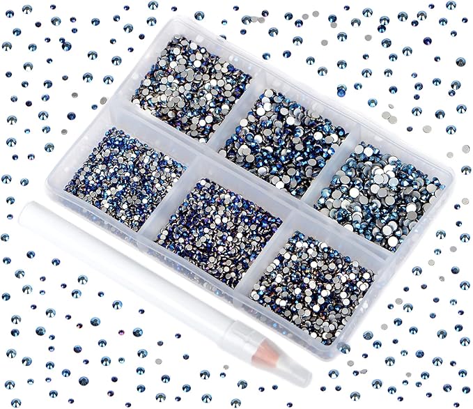 Bymitel 7200 Pieces 6 Mixed Sizes Glue Fix on Glass Rhinestones Round Crystal Gems Flatback for DIY Jewelry Making with one Picking Pen (6-Sizes 7200PCS, Mine Blue)