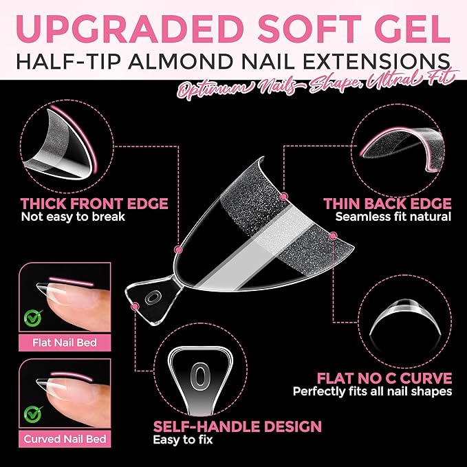 Short Almond Nail Tips: 360Pcs Half Cover Extra Short Almond Gel Nail Tips with Self-handle Pre Etched Fake Nails Tips for Nail Extension DIY Salon 12 Size