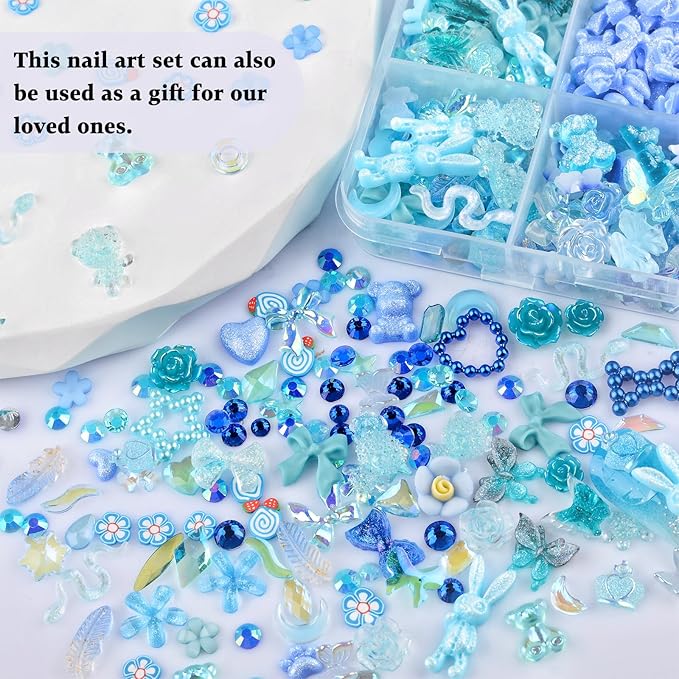 850 Pieces 3D Butterfly Rose Flower Bow Rabbit Bear Nail Charms Kit with Nail Art Rhinestones Pearls Crystal Gems Nail Slices for Manicure DIY Crafts Jewelry Accessories (Blue)