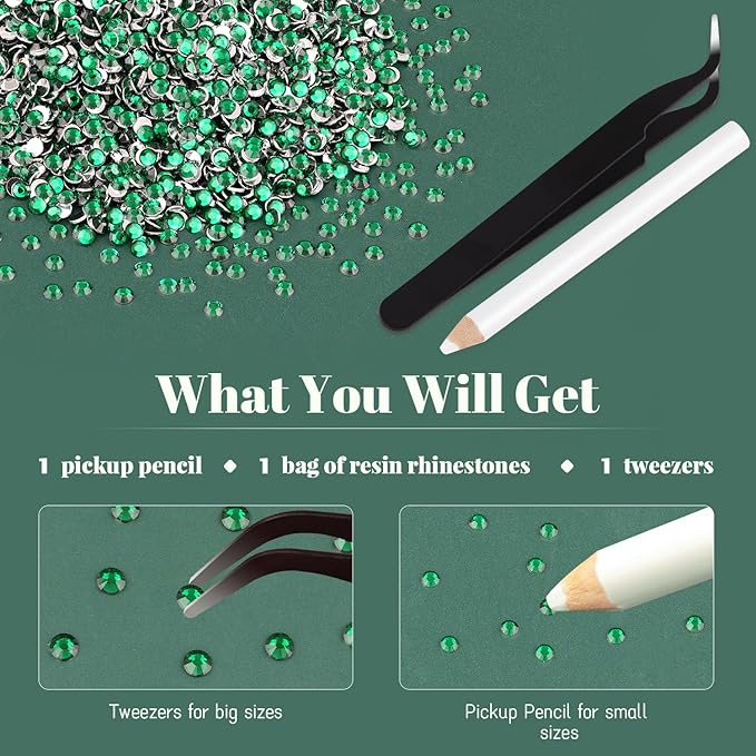12000PCS 2mm Resin Rhinestones Bulk for Crafting (Dark Green), Flatback Bedazzling Crystals for Crafts DIY Nail Decoration, Gems Charms for Tumbler Shoes Clothing Fabric with Pickup Pen and Tweezers