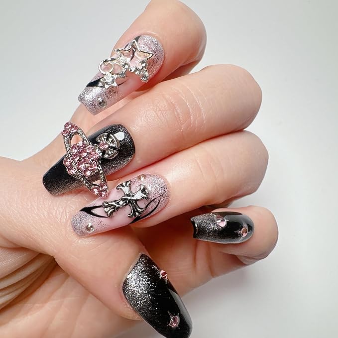 Cat Eye Acrylic Press On Nails,Handmade Thick Strong Waterprooft Star Punk Design Press on Nails, Reusable Stick On Nails 10 Nails Size L, #105