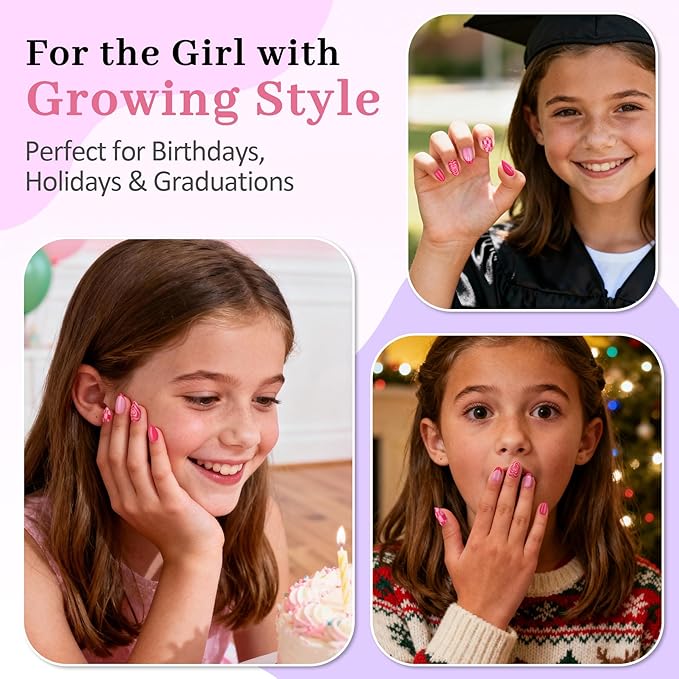 16 Sizes Press on Nails Kit for Kids - 32 Pieces French Almond Fake Nail Tips for Girls 8-12 Years Old with Jelly Nail Adhesives & No-Lamp Nail Glue, Birthday Easter Gifts (Rose Pink Grid)