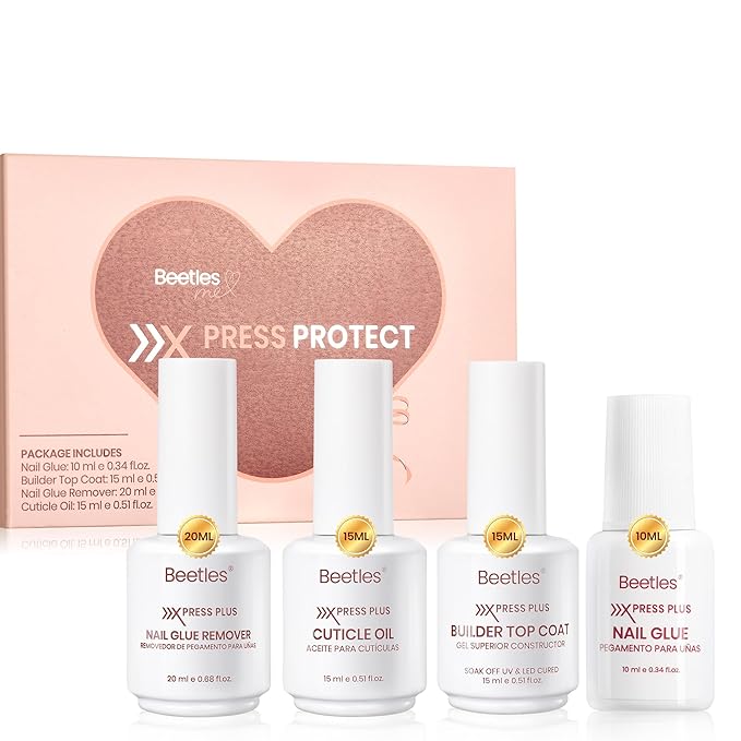 Beetles 4Pcs Press-On Nail Essential Kit, Fast Dry Nail Glue, Builder Top Coat, Nail Remover & Cuticle Oil Set, Complete System for Secure Wear, Easy Removal & Natural Nail Care