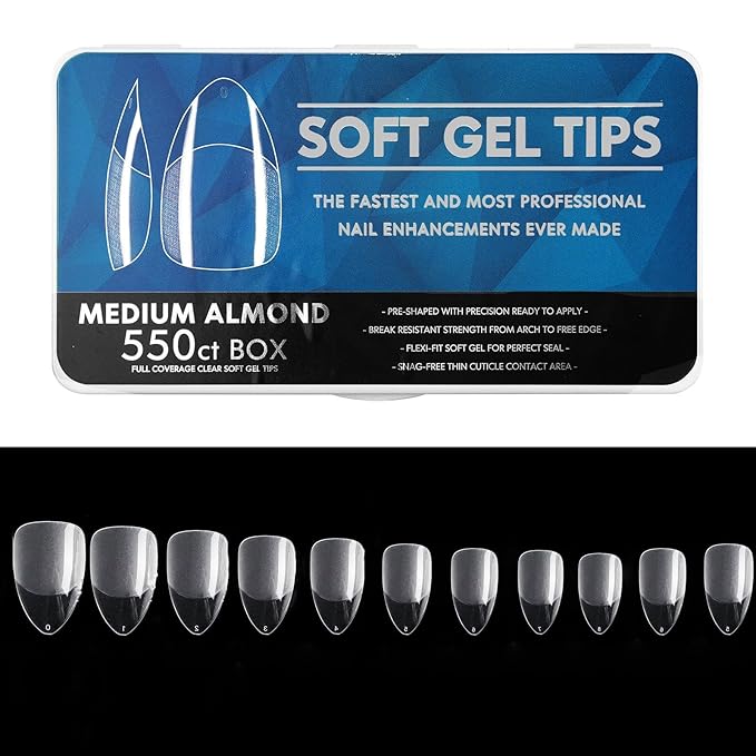 Soft Gel Curved Nail Tips, Full Cover Clear Gelly False Nail, Half Matte Acrylic Fake Nail, Press on Nail Tips Set for Extension, Home DIY Salon Manicure Nail art (Almond 2, 550PCS)