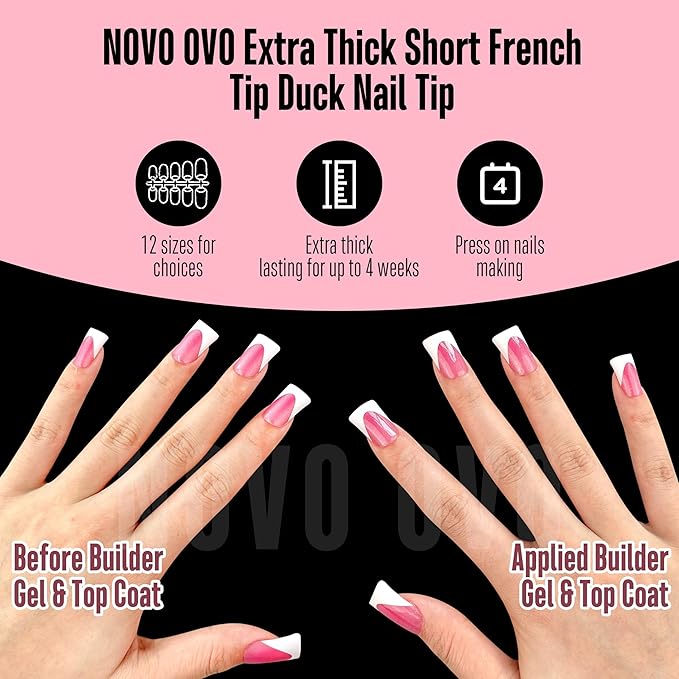 NOVO OVO Short Duck Nail Tips French Tip Press On ROSE PINK with Glitter, Soft Gel Nail Extension, Need Buider Gel Top Coat, No Glue included, Full Cover Acrylic False Nails for DIY x 12 Sizes 240 pc