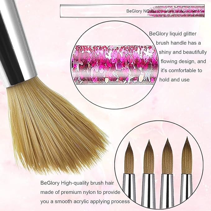 Acrylic Nail Brush Set, 4PCS Acrylic Nail Brushes Professional Nail Brush for Acrylic Application 3D Nail Carving DIY Acrylic Powder Brushes Liquid Glitter Nail Art Brush Size #8#10#12#14 (Pink)