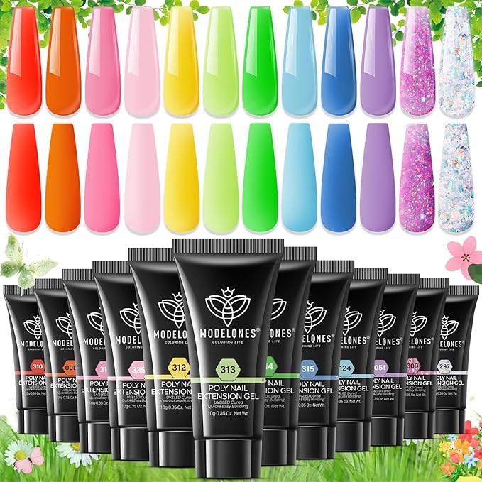 modelones Poly Gel Kit 12 Colors Rainbow Summer Bright Neon Poly Nail Extension Set Candy Red Yellow Builder Nail Gel Art Design Salon Professional Technician Tool Beauty Gifts for Women
