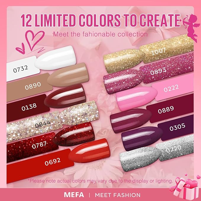 MEFA Christmas Gel Nail Polish Set, 12 Colors Pink Red Gel Polish Set Shimmering Gold Silver Glitter Nail Polish Soak Off Purple Nude White Brown Gifts for Girl DIY Salon Home Manicure