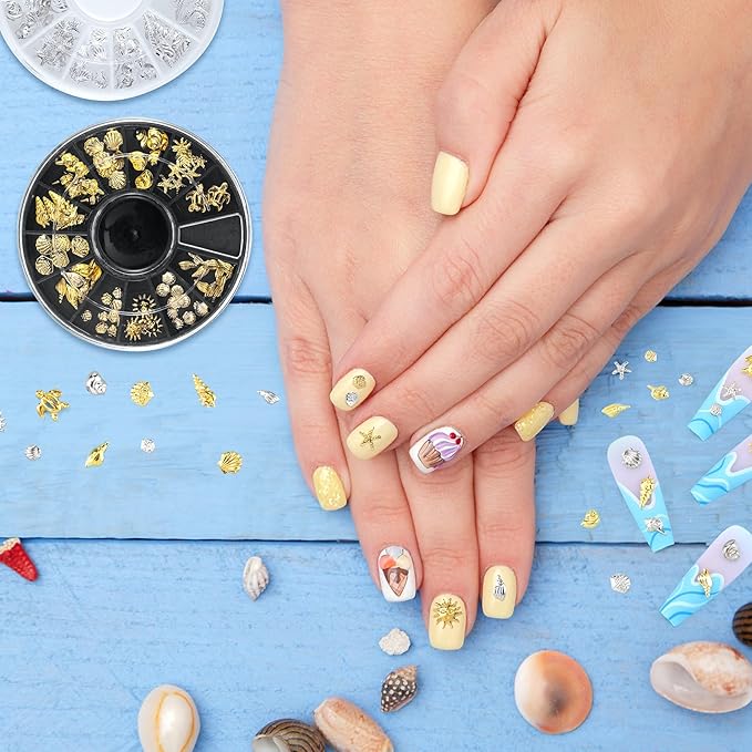 2 Disc Ocean Nail Art Charms, Beach Starfish Sea Seashell Nail Decal, Alloy 3D Gems Jewelry Decoration Supplies for Manicure DIY Embellishments 12 Style- Silver & Gold