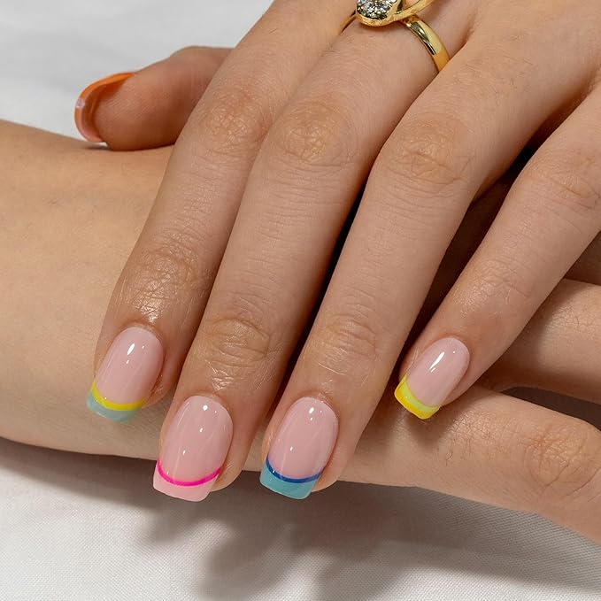 Curvlife Rainbow Short Press On Nails Square Stick On Nails Short Fake Nails Design Glossy Acrylic Nails Stick On Nails Tips Glue On Nails False Nails For Women Nail Kit With Nail Glue
