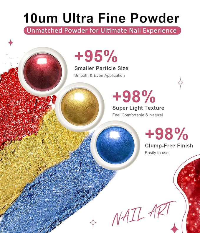 Gold Chrome Nail Powder - 6 Colors Christmas Red Green Blue Silver Nail Chrome Powder, Sparkly Holographic Chrome POwder for Nails Mirror Effect Glitter Pigment Dust - Christmas Nail Design