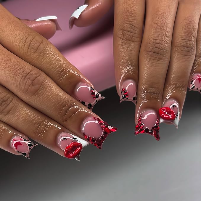 84PCS Nail Charms and Gems Gold Red Rhinestones for Nails Design，3D Heart Star Lip Piercing Y2k Nail Jewels Bulk Nail Art Decor Set