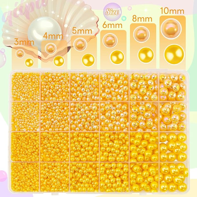 2 Styles Orange Yellow Flatback Pearls for Bedazzling Crafting 3-10mm Half Round Pearls Beads Gems Bedazzler Kit Charms for Nails Face Eyes Makeup Tumblers Bottles DIY Crafts Shoes Beauty Decor