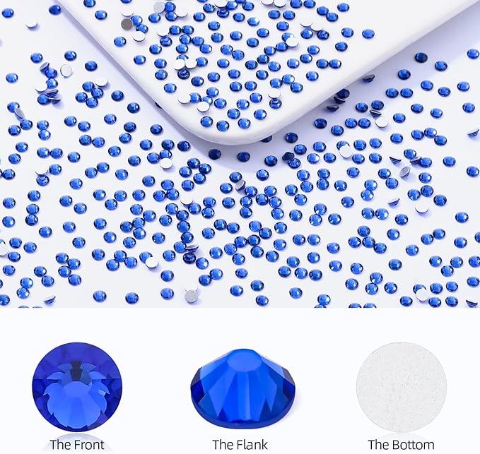 Sapphire Flatback Rhinestones, Glass Rhinestones for Nail Art and Craft, Glue Fix, Loose Crystal Gemstones(Blue, SS10, 1440pcs, 2.7-2.8mm)