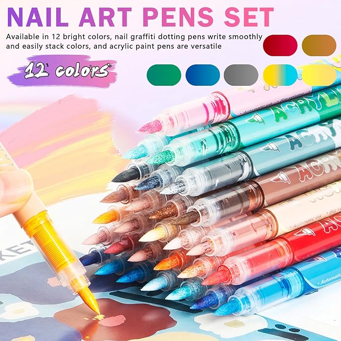 12 Colors Nail Art Pens Set, Nail Art Markers Polish Pens for Painting Nails, Acrylic Paint Drawing Painting Dotting Markers Pen Quick Drying Nail Art Design Manicure Tools 05 Yellow
