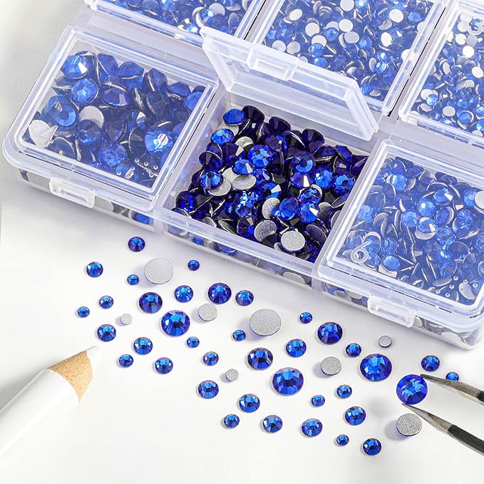Beadsland 4300pcs Flatback Rhinestones,Royal Blue Rhinestone Nail Gems Round Crystal Rhinestones for Crafts,Mixed 6 Sizes with Picking Tweezers and Wax Pencil Kit, SS6-SS20,Sapphire