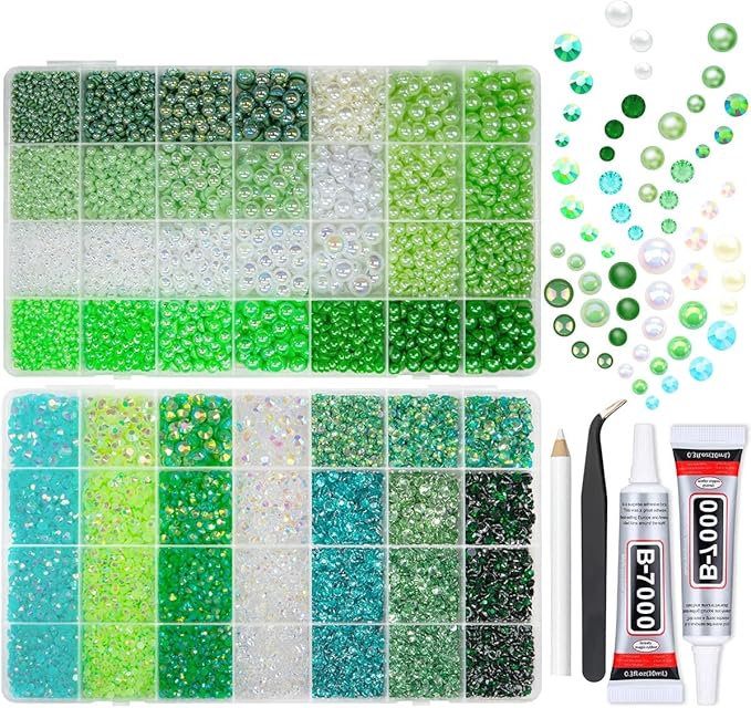 qiiipi 2 Big Boxes Green Resin Pearls and Rhinestones w B7000 Glue for Bedazzling Crafting Flatback Stones Gems Diamonds Half Pearls Bedazzler Kit for Nails Eyes Face Makeup Tumblers Bottles Crafts﻿