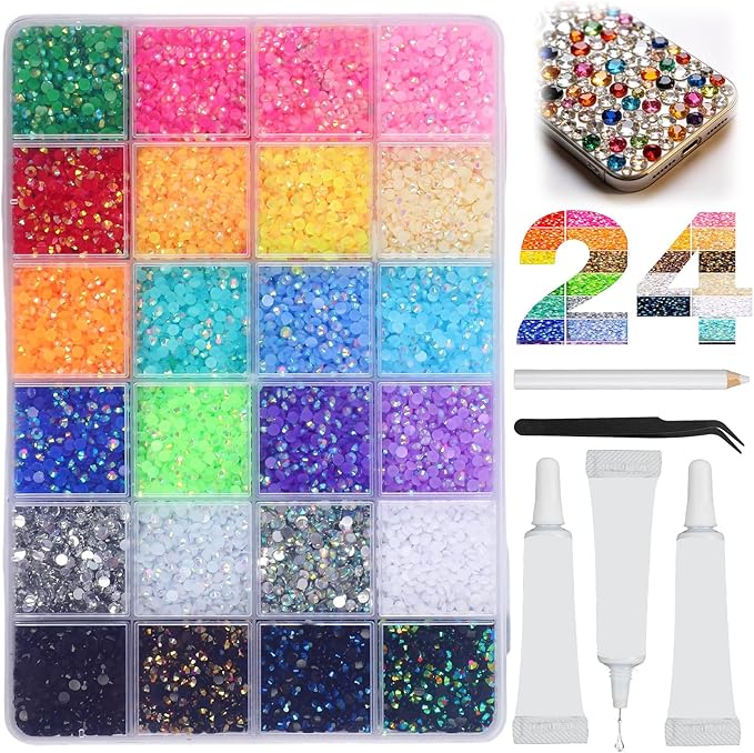 24000Pcs 24 Colors Resin Jelly Rhinestones for Bedazzling, Multicolor 3mm Flatback Gems for Diamond Art 3Pcs Jewelry Glue for Bedazzled Nail Art Makeup Crafting Book Shoes