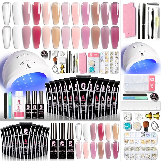 Clara Colors Poly Gel Nail Kit, 12 Colors Poly Kit All In One Poly Nail Gel Starter Kit withTools for Nail Art DIY at Home and Salon
