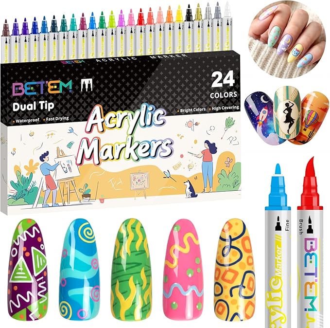 Betem Nail Art Pens Set, 24 Colors Dual-Tip Nail Art Markers, 3D Quick-Drying Nail Polish Pens, Acrylic Paint Markers for DIY Nail Design, Nail Liner Brush & Dotting Tool for Home & Salon DIY