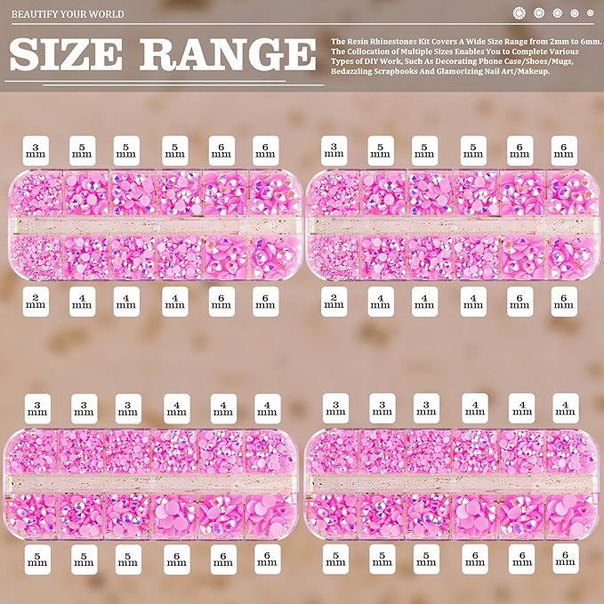 7000PCS Resin Rhinestones with Tweezers for Crafting, 2/3/4/5/6mm Flatback Jelly Rhinestones, 4 Box Pink AB Non Hotfix Crystal Gems for DIY Crafts Mugs Tumblers Clothes Makeup Nail