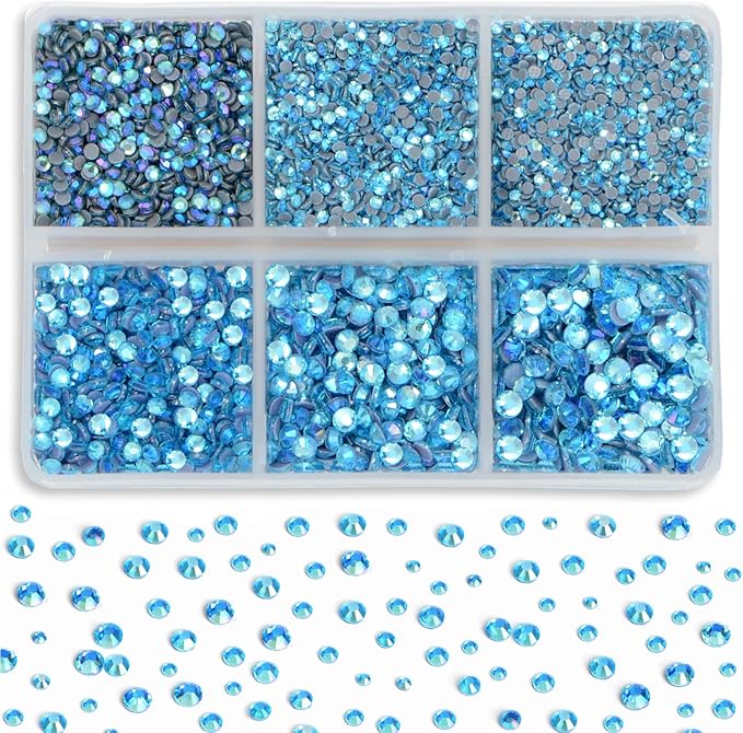 8000pcs Hotfix Rhinestones Flatback,Rhinestones for Crafts Clothes Mixed 6 Sizes, Hotfix Crystals with Wax Pencil Kit, SS3-SS12,Aquamarine AB