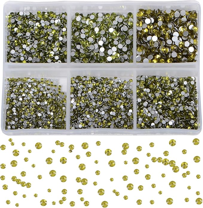 Bymitel 7200 Pieces 6 Mixed Sizes Glue Fix on Glass Rhinestones Round Crystal Gems Flatback for DIY Jewelry Making with one Picking Pen(6-Sizes 7200PCS, Olivine)