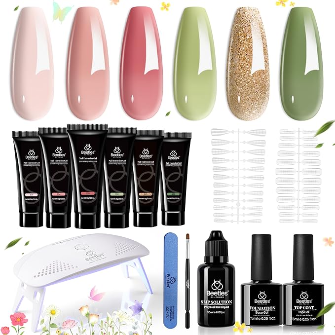 Beetles Pastel Poly Nail Gel Kit 12Pcs Green Pink Glitter Nail Extension Gel Set with Base Top Coat Manicure Enhancement for Beginners Nail Art DIY Home Gifts for Women