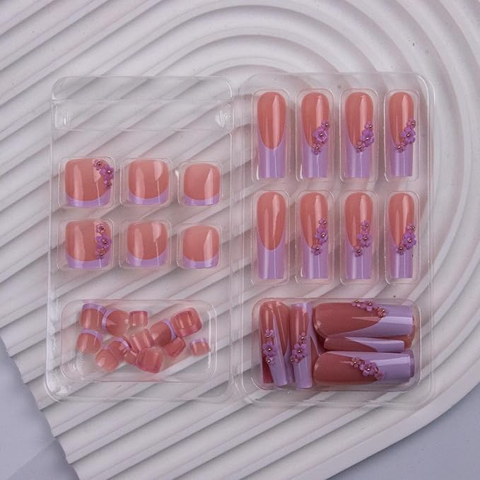 48Pcs Square Press on Nails Long & Press on Toenails Set, French Tip Press on Nails with Purple Flower Charms Design False Nails Short Press on Toenails Full Cover Glue on Nails for Women Manicure