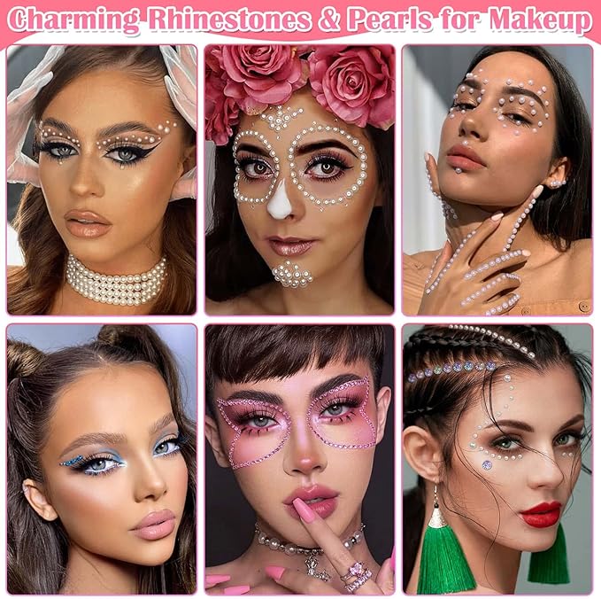 Billbotk 6645Pcs Face Rhinestones with Makeup Glue, Flatback Eye Gems Colorful Makeup Jewels with White Pearls for Face Eye Body, Nail Art, Hair, Craft Decoration