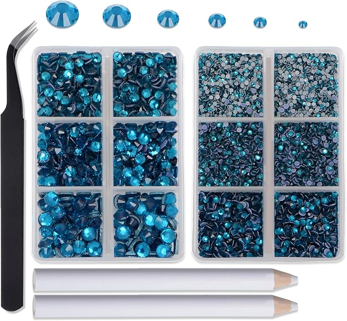 8000pcs Hotfix Rhinestones Flatback,Rhinestones for Crafts Clothes Mixed 6 Sizes, Hotfix Crystals with Wax Pencil Kit, SS4-SS30,Blue Zircon