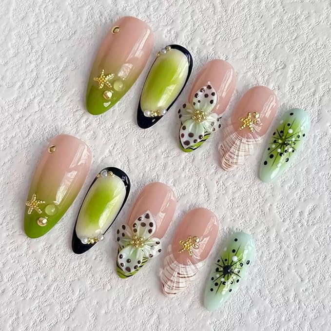Handmade Press on Nails Medium Almond Nails 3D Green Floral Carved Press Ons Nails Nude Pink Fake Nails Press on Nail Glossy French Tip False Nails with Glue for Women Reusable Acrylic Nails (Size M)