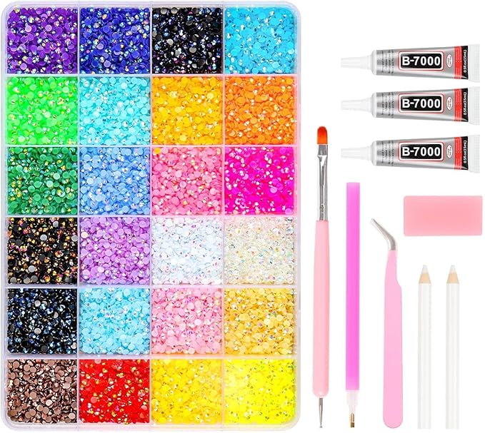 19200Pcs 24 Color Rhinestones for Bedazzling, 3mm Flatback Rhinestones for Diamond Art, Bedazzling kit with 3 x 15ml B7000 Jewellery Glue and 3D Nail Decorations for Nail Art Crafting Book Makeup