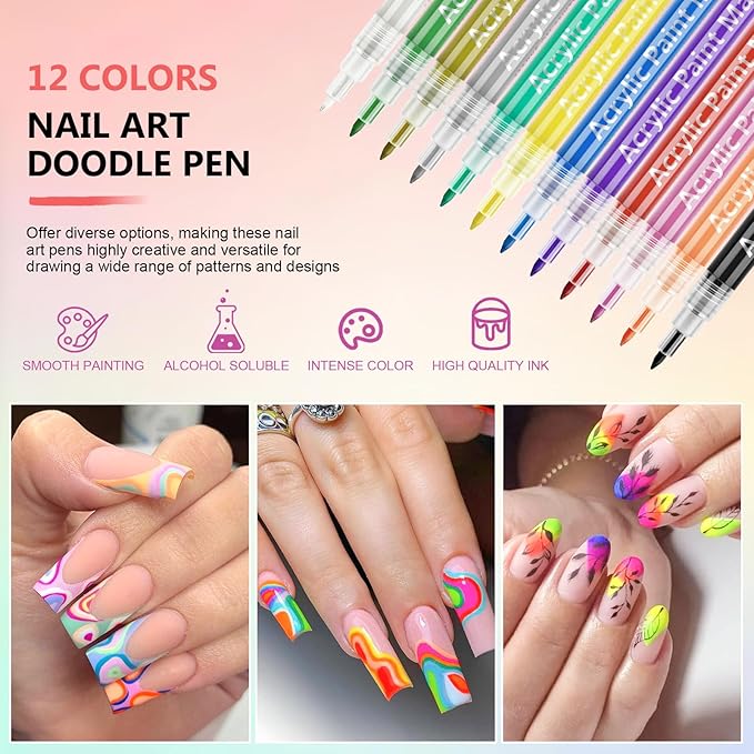 12 Colors Nail Art Pens Set, 3D Nail Polish Pens Quick-Drying Acrylic Paint Markers,For Nail Art Drawing Painting Nail Point Dotting Liner Pen, Nail Design Kit Manicure Tools Home & Salon DIY