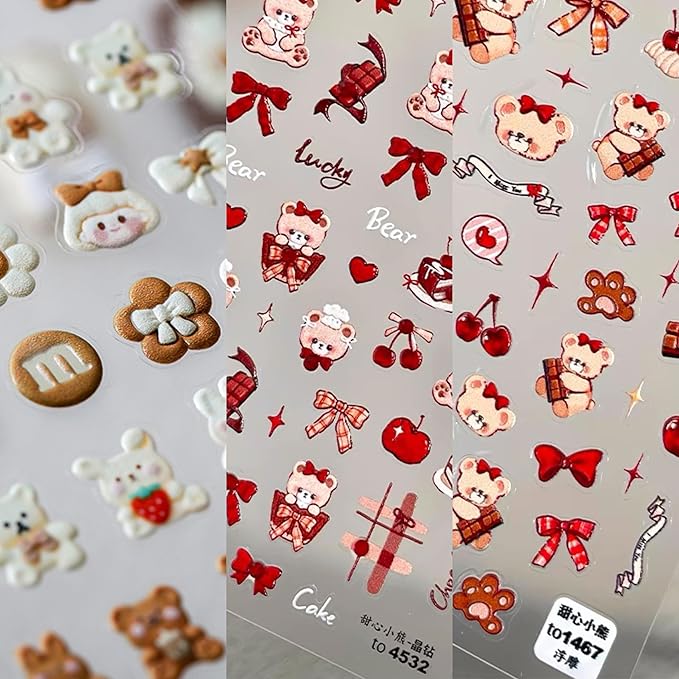 Dedyel Cute Nail Stickers 5D Embossed Cartoon Bear Kawaii Animal Self-Adhesive Nail Decals for Women Girls Kids Nail Art Decoration