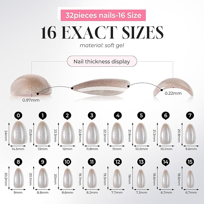 UNA GELLA 32Pcs Soft Gel Press on Nails - 16 Sizes Silver Cat Eye Almond Glue on Nails, Reusable Glitter False Nails, Full Cover Acrylic Nail Kit for Women DIY Home Manicure