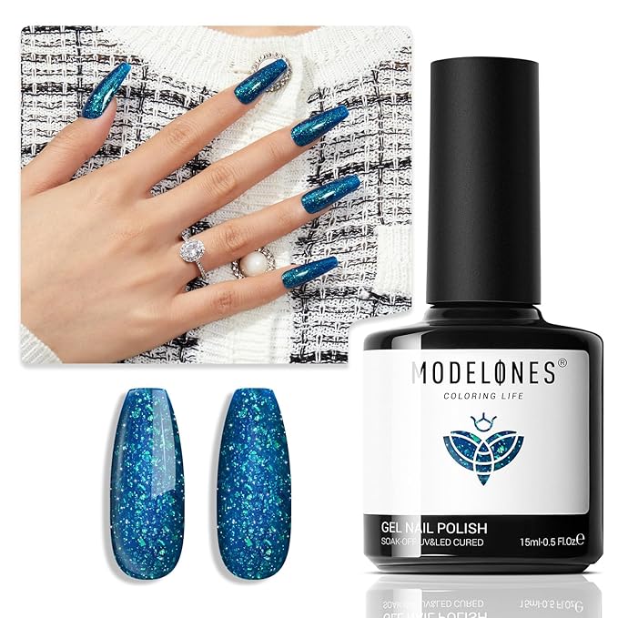 modelones Gel Nail Polish, 15 ML Chameleon Blue Gel Polish Holographic Nail Polish Blue Shimmer Rainbow Glitter Gel Polish Soak Off LED Winter Nail Art Gel DIY Salon Gift