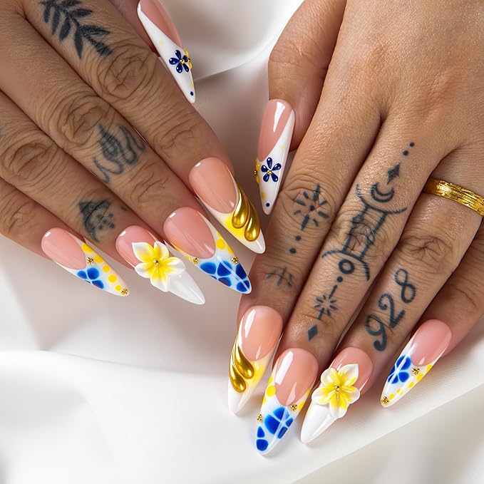 LOVFUL Short French Tip Press on Nails Morning Dew | Handmade Acrylic Press ons| Reusable Fake False Nails | Stiletto Classic Regular 1.3in | H696-S