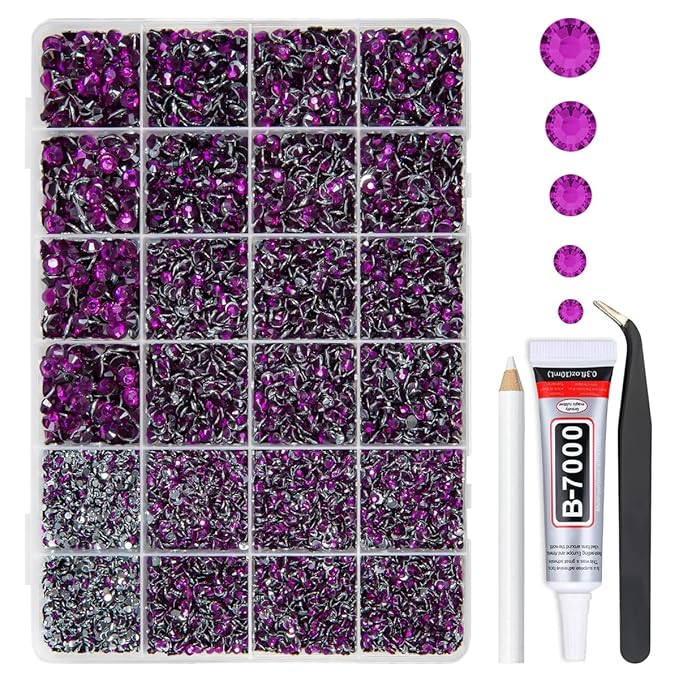 Grape Purple Crystal Resin Rhinestones w B7000 Glue for Bedazzling Crafting 2mm 3mm 4mm 5mm 6mm Flatback Stones Diamonds Gems Bedazzler Kit for Nails Face Eyes Makeup Tumblers Bottles Crafts