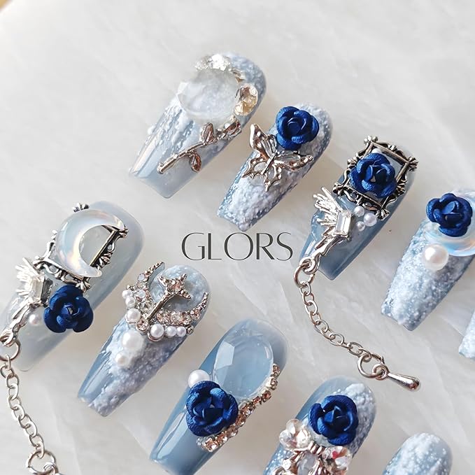 Handmade Press On Nails, 3D Blue Rose Design with Moon Charms, Long Coffin Style, 10 Pieces (Medium,LB)